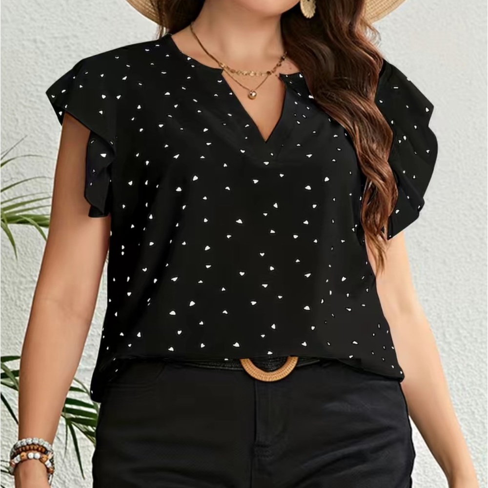 Black & White Heart Print V-Neck Ruffle Sleeve Blouse 2X
